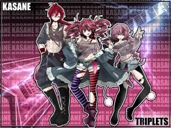  1boy 2girls abs alternate_costume asymmetrical_legwear belt black_boots boots brother_and_sister character_name denim denim_shorts drill_hair glasses guitar harunakamura highres instrument jewelry kasane_ted kasane_teto kasane_toriko messy_hair mismatched_legwear multiple_girls necklace one_eye_closed pink_hair pink_theme ponytail raccoon_tails_(hairstyle) red_eyes shorts siblings single_hair_streak sisters stomach_tattoo tattoo thigh-highs torn_clothes torn_thighhighs twin_drills utau v 