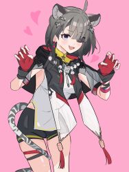  1girl animal_ears arknights arknights:_endfield bead_necklace beads black_capelet black_shorts blue_eyes capelet claw_pose commentary_request cowboy_shot earrings extra_ears eyepatch fang fingerless_gloves fukafire0913 gloves hands_up heart highres jewelry looking_at_viewer making-of_available necklace one_eye_covered open_mouth pink_background red_gloves shirt shorts simple_background solo tail tail_around_own_leg tangtang_(arknights) tiger_ears tiger_girl tiger_tail white_shirt 