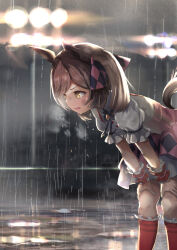  1girl animal_ears aoniyoshi bent_over black_bow bow breasts breath brown_eyes brown_hair clouds cloudy_sky commentary_request dirt dirty dirty_face frills hair_between_eyes hands_on_own_knees highres horse_ears horse_girl horse_tail open_mouth outdoors pink_skirt puffy_short_sleeves puffy_sleeves rain red_socks shirt short_sleeves skirt sky smart_falcon_(love_4ever)_(umamusume) smart_falcon_(umamusume) socks solo stadium_lights suspender_skirt suspenders tail twintails umamusume wet white_shirt wrist_cuffs 