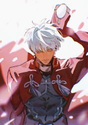 1boy absurdres archer_(fate) armor cape closed_eyes code3755 cropped_jacket dark-skinned_male dark_skin facing_viewer fate/stay_night fate_(series) highres jacket long_sleeves male_focus red_cape red_jacket simple_background smile upper_body white_background white_hair 