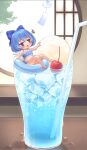  1girl barefoot bikini blue_eyes blue_hair chibi cirno drink flat_chest food harunoha highres ice ice_cream ice_wings indoors inflatable_toy midriff short_hair solo swimsuit touhou tree window wings 
