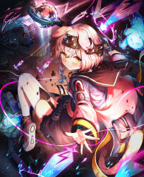  1girl absurdres animal_ears arknights black_bow black_dress blue_bow blue_jacket blush bow braid bus cat_ears cat_girl cat_tail chewi commentary_request dress floppy_ears from_behind garter_straps goldenglow_(arknights) hair_bow hair_ornament hairband hairclip highres holding holding_staff jacket light_smile lightning lightning_bolt_print long_hair long_sleeves looking_at_viewer looking_back motor_vehicle multicolored_jacket open_clothes open_jacket outstretched_hand pink_hair pink_jacket pouch print_bow print_hairband revision shoes solo split_mouth staff tail thigh-highs two-tone_jacket white_shoes white_thighhighs yellow_eyes 