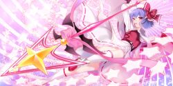  1girl alternate_costume artist_request bow cape cute_weapon game_asset hat hat_bow highres holding holding_polearm holding_weapon official_art polearm red_bow remilia_scarlet ribbon-trimmed_skirt ribbon_trim skirt solo spear_the_gungnir star_(symbol) thigh-highs third-party_source touhou touhou_lostword weapon white_cape white_skirt white_thighhighs 