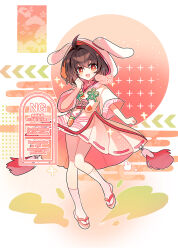  1girl absurdres ahoge alternate_costume brown_hair carrot commentary_request dress full_body highres hooded_dress inaba_tewi pink_dress pink_skirt pleated_skirt red_eyes shirocha_tei short_hair skirt solo touhou touhou_gensou_eclipse twitter_username white_background 