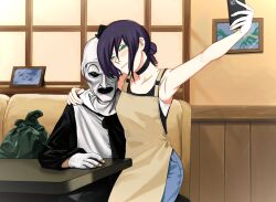  1boy 1girl apron armpits art_the_clown black_choker black_tank_top blue_pants cafe chainsaw_man choker clown denim east-west_crossover gloves green_eyes hair_between_eyes highres holding holding_phone indoors jeans pants phone pierrot purple_hair reze_(chainsaw_man) selfie sitting tank_top terrifier_(movie) thebabalgam white_facepaint white_gloves window yellow_apron 