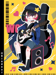  1girl bandaid bandaid_on_knee bandaid_on_leg bass_guitar beanie black_boots black_choker black_gloves black_hair blue_hat blue_jacket blue_shorts blush blush_stickers boots bright_pupils cable choker closed_mouth commentary ear_piercing english_commentary eyelashes fingerless_gloves fingernails full_body gloves guitar_case hair_ornament hairclip hat hat_ornament heart highres holding holding_bass_guitar holding_instrument instrument instrument_case jacket jewelry long_sleeves multicolored_hair multicolored_nails musical_note nail_polish open_clothes open_jacket original outline piercing red_hair rindeyz ring shirt short_hair shorts single_off_shoulder sitting socks solo speaker star_(symbol) star_hat_ornament twitter_username two-tone_hair violet_eyes white_outline white_pupils white_shirt white_socks yellow_background 