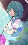  1girl :p adapted_costume bangs blue_eyes blue_hair breasts heterochromia holding holding_umbrella large_breasts piyodesu red_eyes shirt short_hair solo tatara_kogasa tongue tongue_out touhou umbrella white_shirt 