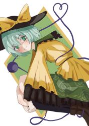  1girl black_hat black_socks boots bow brown_boots collared_shirt commentary_request disembodied_linked_eye eyeball floral_print frilled_shirt_collar frilled_sleeves frills green_eyes green_hair green_skirt hat hat_bow heart heart_of_string highres kneehighs komeiji_koishi long_sleeves print_skirt rose_print shirt skirt socks solo touhou veow wide_sleeves yellow_bow yellow_shirt 