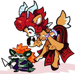  1boy 1girl absa_(rivals_of_aether) animal_ears arm_at_side bent_over cape commentary dagger english_commentary forsburn from_side full_body furry furry_female furry_male goat_ears goat_girl goat_horns goat_tail green_eyes green_fur highres holding holding_dagger holding_knife holding_weapon horns hyena_boy knife long_hair looking_at_another looking_down mask medium_hair mini_person miniboy ohposhers orange_fur orange_hair purple_cape red_eyes red_hair rivals_of_aether simple_background size_difference standing tail weapon white_background 