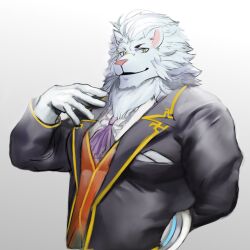  1boy absurdres animal_ears ascot black_suit chakram closed_mouth furry furry_male gloves highres holding holding_behind_back holding_chakram holding_weapon holding_weapon_behind_back lion_boy lion_ears lion_mane looking_at_viewer male_focus monocle purple_ascot red_vest shirt smile snow_(housamo) suit tokuni_(toktoktokuni) tokyo_afterschool_summoners upper_body vest weapon white_gloves white_shirt 