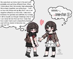  2girls amakura_mayu amakura_mio an_sin arm_at_side artist_name bandaged_leg bandages black_camisole black_leggings black_shirt black_shoes black_skirt blush blush_stickers bob_cut brown_camisole brown_hair brown_shirt camisole closed_mouth commentary_request deformed english_text fatal_frame fatal_frame_ii:_crimson_butterfly full_body grey_background grey_socks heart incest korean_commentary leggings looking_at_another miniskirt multiple_girls nose_blush open_hand open_mouth raised_eyebrows reaching reaching_towards_viewer red_ribbon ribbon shirt shoes short_hair short_sleeves siblings simple_background single_tear sisters skirt smile socks speech_bubble spoilers spoken_expression spoken_heart standing thought_bubble three-quarter_sleeves triangle_mouth twincest twins twitter_username yuri 