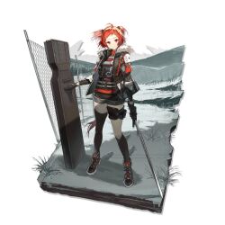  1girl ahoge arknights beagle_(arknights) beagle_(dreadnaught)_(arknights) black_gloves black_thighhighs full_body fur-trimmed_jacket fur_trim glasses gloves highres holding holding_removed_eyewear jacket looking_at_viewer official_alternate_costume official_art open_mouth orange_eyes orange_hair orange_jacket orange_shirt shield shirt short_hair short_twintails smile solo standing sword thigh-highs third-party_source transparent_background twintails unworn_eyewear weapon xiayehongming 