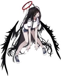  1girl absurdly_long_hair bags_under_eyes black_hair black_nails black_wings blood blood_halo blue_archive blue_shoes blue_shorts blue_trim breasts choker cross-laced_shoes evil_smile feathered_wings full_body furrowed_brow game_asset grin gym_uniform half-closed_eyes halo happy head_tilt highres large_breasts large_variant_set leaning_forward liquid_halo long_hair melting_halo messy_hair mx2j official_art raised_inner_eyebrows red_choker red_halo rolling_eyes shirt shoes short_shorts short_sleeves shorts sidelocks simple_background smile sneakers solo standing tachi-e teeth third-party_source transparent_background tsurugi_(blue_archive) variant_set very_long_hair white_shirt wings 