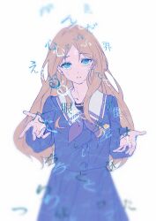  1girl absurdres bang_dream! bang_dream!_it's_mygo!!!!! blue_eyes blue_serafuku blue_shirt blue_skirt blurry brown_hair chinese_commentary commentary_request cowboy_shot crying crying_with_eyes_open grey_neckerchief highres long_hair long_sleeves nagasaki_soyo neckerchief parted_bangs pleated_skirt sailor_collar school_uniform serafuku shiji_(shitimes) shirt sidelocks simple_background skirt solo standing streaming_tears tears translation_request tsukinomori_school_uniform white_background 