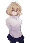  1girl antenna_hair arcueid_brunestud arms_behind_back bangs black_pantyhose blonde_hair blue_skirt breasts closed_mouth hair_between_eyes highres jewelry long_sleeves looking_at_viewer medium_breasts miniskirt nanase_hr necklace pantyhose red_eyes short_hair simple_background single_hair_intake skirt solo sweater tsukihime tsukihime_(remake) turtleneck turtleneck_sweater white_background white_sweater 