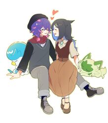  2girls beret black_hair cat closed_eyes commentary couple dot_(pokemon) english_commentary hair_ornament hair_over_one_eye hairclip hat heart highres invisible_chair jewelry light_blush liko_(pokemon) long_hair looking_at_another multicolored_hair multiple_girls necklace ni12345670 open_mouth pokemon pokemon_(anime) pokemon_(creature) pokemon_horizons purple_hair quaxly shoes simple_background sitting skirt sleeping smile sprigatito sweater two-tone_hair violet_eyes white_background yuri 