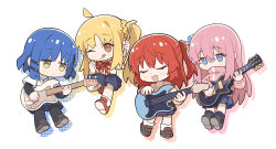  4girls absurdres bass_guitar black_pantyhose blonde_hair blue_eyes blue_hair blue_skirt blush bocchi_the_rock! bow brown_shoes chibi chinese_commentary closed_eyes closed_mouth commentary_request drumsticks electric_guitar gotoh_hitori green_eyes guitar highres holding holding_drumsticks holding_guitar holding_instrument ijichi_nijika instrument jacket kita_ikuyo long_hair multiple_girls one_eye_closed open_mouth pantyhose pink_hair pink_jacket pleated_skirt red_bow red_eyes red_hair red_shoes sailor_collar shirt shoes short_hair side_ponytail skirt smile tianqiyubao_euc tongue tongue_out white_sailor_collar white_shirt yamada_ryo 