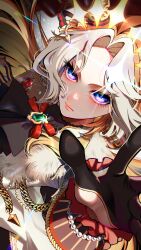  1girl absurdres aegyo_sal black_gloves blonde_hair bow commentary dutch_angle english_commentary gem gloves green_gem half_gloves highres jagiiwa_niji looking_at_viewer orfevre_(control)_(umamusume) orfevre_(umamusume) parted_bangs parted_lips red_bow red_gem solo umamusume violet_eyes white_hair 