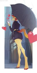  1girl artist_name belt black_belt black_skirt blonde_hair brown_hair commentary from_behind from_below full_body furry furry_female heart highres holding holding_phone holding_umbrella hooves horse_girl horse_tail multicolored_hair occultist_ruth original phone rain skirt smile solo standing tail two-tone_hair umbrella wet white_background 