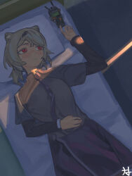  1girl absinthe_(arknights) arknights blue_skirt blush breasts brown_hair brown_shirt commentary dated_commentary film_grain highres light_rays lunafeast lying necktie on_back on_bed open_mouth red_eyes shirt short_hair skirt solo sunbeam sunlight teeth walkie-talkie 