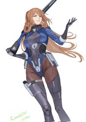  1girl android black_thighhighs breasts brown_hair commission cropped_legs english_commentary english_text floating_hair girls'_frontline_2:_exilium girls_frontline green_eyes groin gun hair_between_eyes highleg highleg_leotard highres holding holding_gun holding_weapon large_breasts leotard long_hair mechanical_arms mechanical_legs parted_lips rifle robot_girl seilindekos simple_background skin_seams smile solo springfield_(girls'_frontline) thigh-highs upper_body weapon white_background 
