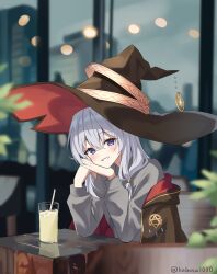  1girl absurdres black_hat black_robe blush cafe commentary_request drinking_straw elaina_(majo_no_tabitabi) emblem glasses grey_hair grey_shirt hair_between_eyes hat highres k2_(kazu1030) long_hair looking_at_viewer majo_no_tabitabi open_mouth restaurant robe shirt smile solo twitter_username upper_body violet_eyes witch witch_hat 