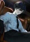  1boy bangs bishounen black_hair black_necktie blue_eyes ear_piercing formal highres looking_down makura_wet male_focus necktie open_mouth original piercing shirt short_hair signature sitting solo suit 