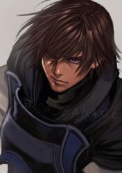  1boy armor black_shirt blue_eyes breastplate brown_hair caim_(drag-on_dragoon) closed_mouth commentary_request drag-on_dragoon drag-on_dragoon_1 highres looking_at_viewer male_focus parted_bangs parted_hair sa_bakan6 shirt short_hair simple_background solo twitter_username 