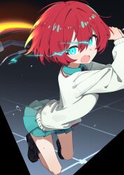  1girl amate_yuzuriha aqua_eyes aqua_shirt aqua_skirt axe breasts collared_shirt commentary_request glowing glowing_eyes gundam gundam_gquuuuuux heat_hawk highres holding holding_axe long_sleeves looking_at_viewer necktie open_mouth red_hair school_uniform shirt short_hair skirt solo sweater totomono 