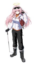  1girl absurdres arknights arm_up backpack bag black_boots black_gloves black_pants boots chinese_commentary closed_mouth clothes_writing commentary_request english_commentary full_body gloves goggles goggles_on_head halo hand_in_own_hair highres jacket knee_boots lace-up_boots lemuen_(arknights) long_hair long_sleeves looking_at_viewer mixed-language_commentary orange_jacket pants pink_eyes pink_hair rhodes_island_logo_(arknights) simple_background ski_goggles solo standing textless_version traditional_halo white_background white_jacket winter_clothes xxzhou yellow_halo zipper zipper_pull_tab 