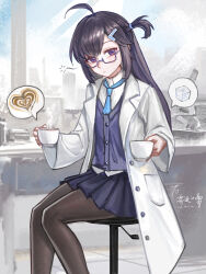  1girl absurdres ahoge black_hair black_pantyhose blue_necktie blurry blurry_background borrowed_character cardigan closed_mouth coat collared_coat commentary_request cup dated expressionless feet_out_of_frame glasses highres holding holding_cup indoors lab_coat laboratory latte_art long_hair looking_at_viewer microscope necktie on_stool original pantyhose pleated_skirt purple_cardigan semi-rimless_eyewear shirt sitting skirt solo speech_bubble spoken_food squeans stool sugar_cube teacup tile_floor tiles violet_eyes white_coat white_shirt window yitai_zhi_meng 