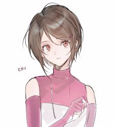  1girl bare_shoulders brown_eyes brown_hair commentary_request digimon digimon_adventure_02 elbow_gloves gloves highres pink_gloves pink_shirt shirt short_hair simple_background solo szr_02 upper_body white_background white_shirt yagami_hikari 