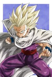  1boy angry aqua_eyes artist_name blonde_hair blue_background border cape child clenched_hand closed_mouth dougi dragon_ball dragon_ball_z feet_out_of_frame fighting_stance fingernails floating_hair furrowed_brow hair_floating_upwards highres knee_up looking_at_viewer male_focus medium_hair muscular muscular_male naouuma_art pants purple_pants purple_shirt red_sash sash shirt sleeveless sleeveless_shirt solo son_gohan spiky_hair super_saiyan super_saiyan_2 waist_sash white_border white_cape wristband 