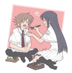  2girls bento black_hair black_pantyhose brown_hair capelet chopsticks dated fang feeding heart highres holding holding_chopsticks imminent_bite long_hair multiple_girls no_shoes open_mouth pantyhose school_uniform short_sleeves sitting skin_fang skirt spoken_heart subarashiki_hibi tachibana_kimika takashima_zakuro white_capelet white_skirt yang_miemie_benti 