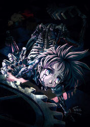  1girl absurdres all_fours android arm_support arm_up blue_eyes bottomless cable commentary_request coon_bear cracked_eyes cracked_face cracked_skin dark doll gears grey_hair highres key_the_metal_idol legs_apart looking_at_viewer looking_up mechabare mima_tokiko outstretched_arm parted_lips reaching reaching_towards_viewer ribs shirt short_hair short_sleeves solo spiky_hair spine tile_floor tiles torn_clothes 
