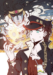  1boy 1other aqua_eyes black_coat black_gloves black_hair black_hat bracelet can chain chinese_commentary coat colored_skin commentary commentary_request earrings fingerless_gloves fingernails fire food gakuran gloves grey_skin hat high_collar highres holding holding_can jewelry jojo_no_kimyou_na_bouken kujo_jotaro long_hair multicolored_skin peaked_cap pocky red_eyes red_shirt scarf school_uniform sherytan shirt stand_(jojo) star_platinum stardust_crusaders stardust_crusaders_(ova) stud_earrings tiara two-tone_skin white_scarf 