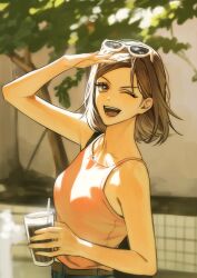  1girl alternate_costume arm_up belt brown_belt brown_eyes brown_hair cup denim eyewear_on_head highres holding holding_cup jeans jujutsu_kaisen kugisaki_nobara light_rays looking_at_viewer one_eye_closed open_mouth pants pink_shirt pongsis2e ribbed_shirt shirt short_hair smile sunglasses tree upper_body 