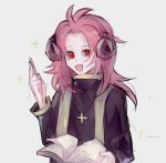  1boy :d antenna_hair book chinese_commentary commentary_request cross cross_necklace curled_horns dice156 hair_intakes hatsutori_hajime holding holding_book holding_syringe horizontal_pupils horns jewelry long_hair long_sleeves male_focus necklace open_book open_mouth pink_hair priest red_eyes saibou_shinkyoku sheep_horns smile solo syringe upper_body white_background 