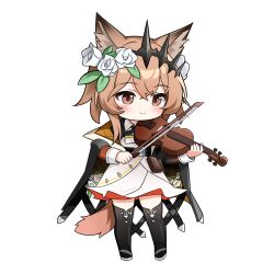  1girl absurdres animal_ear_fluff animal_ears arknights black_thighhighs blush bow_(music) brown_hair brown_tail chibi chibi_only closed_mouth commentary crossed_bangs flower full_body hair_flower hair_ornament highres holding holding_bow_(music) holding_instrument holding_violin instrument long_sleeves mao_xin'ai no_nose off_shoulder rose short_hair simple_background solo split_mouth standing tail thigh-highs vendela_(arknights) violin white_background white_flower white_rose 