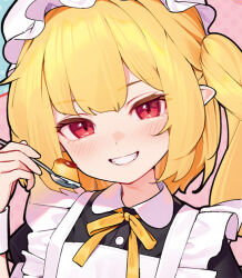  1girl apron black_dress blonde_hair blush blush_stickers bow bowtie buttons clenched_teeth collar commentary_request cropped dress enmaided fang flandre_scarlet food hat holding holding_spoon kanpa_(campagne_9) looking_at_viewer maid maid_apron mob_cap pointy_ears portrait pudding pudding_a_la_mode red_eyes side_ponytail smile solo spoon teeth touhou white_apron wrist_cuffs yellow_bow yellow_bowtie 