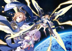  ahoge blue_scarf brown_hair canace_(stella_sora) firefly_(stella_sora) glasses highres long_hair official_art purple_hair red_eyes scarf semi-rimless_eyewear short_hair space stella_sora third-party_source 