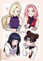  4girls bare_shoulders black_gloves blonde_hair blush border brown_eyes brown_hair closed_mouth commentary_request cropped_torso double_bun earrings fingerless_gloves forehead_protector gloves green_eyes grid_background hair_bun hair_ornament hair_over_one_eye hairclip haruno_sakura highres hotata_3 hyuuga_hinata jacket jewelry konohagakure_symbol long_hair long_sleeves looking_at_viewer multiple_girls naruto_(series) naruto_shippuuden open_mouth outline outside_border pink_hair ponytail purple_hair purple_jacket purple_shirt red_shirt shirt short_hair sleeveless sleeveless_shirt smile stud_earrings tenten_(naruto) twitter_username upper_body violet_eyes watermark white_shirt yamanaka_ino 