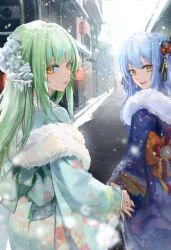  2girls absurdres alternate_costume artist_request bang_dream! bang_dream!_it's_mygo!!!!! black_ribbon blue_hair blue_kimono chinese_commentary commentary_request commission cowboy_shot day flower from_behind fur_collar green_hair hair_flower hair_ornament hair_ribbon highres house japanese_clothes kimono long_hair long_sleeves looking_at_viewer looking_back multiple_girls obi open_mouth outdoors print_kimono ribbon road sash second-party_source sidelocks sky smile snow snowing standing street togawa_sakiko two_side_up wakaba_mutsumi wide_sleeves winter yellow_eyes 