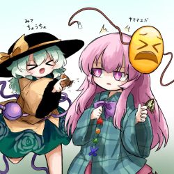  >_< 2girls :d black_hat bow bowtie bug butterfly butterfly_on_hand buttons collared_shirt diamond_button disembodied_linked_eye emoji eyeball floral_print frilled_shirt_collar frilled_sleeves frills green_hair green_skirt hat hat_bow hata_no_kokoro heripantomorrow holding_bug komeiji_koishi long_hair long_sleeves mask mask_on_head multiple_girls open_mouth pink_eyes pink_hair pink_skirt plaid_clothes plaid_shirt print_skirt purple_bow purple_bowtie rose_print shirt silk_moth skirt smile touhou translation_request wide_sleeves yellow_bow yellow_butterfly yellow_shirt 
