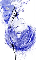  1boy blue_eyes blue_hair commentary highres jacket looking_at_viewer male_focus mekachineko monochrome neck_ribbon parted_bangs parted_lips persona persona_3 ribbon short_hair simple_background solo upside-down white_background yuuki_makoto_(persona_3) 