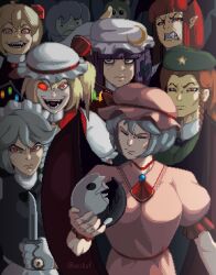  6+girls ascot bat_wings beret blonde_hair blue_hair blunt_bangs braid brooch chinese_clothes cirno clenched_teeth closed_eyes crazy_smile crescent crescent_hat_ornament crescent_pin crystal crystal_wings daiyousei dress english_commentary evil_grin evil_smile flandre_scarlet frown glowing glowing_eye green_hat green_vest grey_hair grin group_picture group_profile hair_ornament hat hat_ornament hat_ribbon head_wings holding holding_knife hong_meiling invincible_(series) izayoi_sakuya jewelry knife koakuma maid maid_headdress manlification meme mob_cap multicolored_wings multiple_girls one_side_up orb patchouli_knowledge pink_dress pink_hat pixel_art profile puffy_short_sleeves puffy_sleeves purple_hair red_ascot red_eyes red_hair red_vest remilia_scarlet ribbon rumia scarlet_devil_mansion serious short_sleeves signature smile solid_circle_eyes star_(symbol) star_hat_ornament teeth touhou twin_braids upper_body vest vexkaf viltrumite_group_shot_(meme) violet_eyes white_hat wings wrist_cuffs yellow_ascot yin_yang yin_yang_orb 