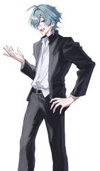  1boy ahoge belt black_belt black_pants black_suit blue_hair collared_shirt earrings genshin_impact hair_between_eyes hair_intakes highres jacket jewelry kano_kano_777 lohen_(genshin_impact) long_sleeves multicolored_eyes open_clothes open_jacket open_mouth pants shirt short_hair single_earring suit white_background white_shirt 