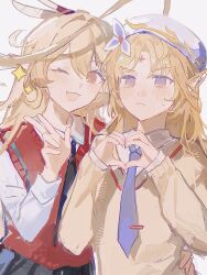  2girls absurdres alice_(genshin_impact) alternate_costume arm_around_another's_waist black_necktie blonde_hair blue_necktie brown_sweater closed_mouth collared_shirt commentary_request contemporary dididi_laonian_ka fang genshin_impact hat heart heart_hands highres long_sleeves looking_at_viewer multiple_girls necktie nicole_reeyn no_pupils one_eye_closed open_mouth pointy_ears red_eyes red_sweater_vest shirt simple_background skin_fang sparkle sweater sweater_vest upper_body white_shirt 