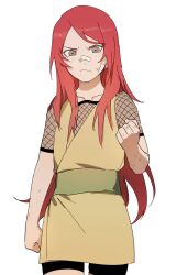  1girl aged_down bandage_on_face bandages clenched_hands closed_mouth commentary_request cowboy_shot dirty dirty_face fishnets frown grey_eyes highres japanese_clothes korean_commentary long_hair looking_at_viewer naruto_(series) ningyeon red_hair simple_background solo uzumaki_kushina very_long_hair white_background 