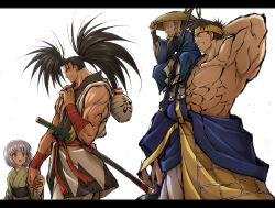  1girl 3boys abs ajirogasa arm_behind_head arm_out_of_sleeve bandana beard_stubble black_hair blue_kimono bottle caffeine_nicotine carrying closed_eyes commentary_request dougi facial_hair forked_eyebrows goatee green_kimono grey_hair grin haoumaru hat height_difference holding holding_hands holding_staff holding_weapon itouei japanese_clothes kafuin_gaira katana kimono letterboxed long_earlobes long_hair looking_at_another mikoto_(samurai_spirits) multiple_boys muscular muscular_male old old_man pectorals ponytail priest red_eyes sake_bottle samurai_spirits shakujou sheath sheathed short_hair shoulder_carry simple_background smile staff stubble sweatdrop sword tabi thick_eyebrows waraji weapon white_background yellow_bandana 